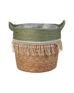 Storage basket, rattan, textile, green, brown, H18 x ø21 cm