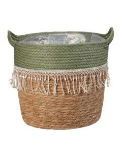 Storage basket, rattan, textile, green, brown, H22 x ø26 cm