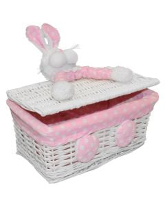 Storage box, willow and textile, pink/white, 22x14xH9 cm