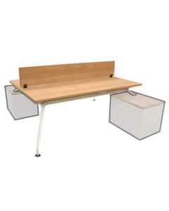 Tavolinë zyre, strukturë alumini (e bardhë), syprinë melamine, lisi, 180x150xH75 cm