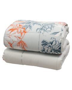Quilt, single, cotton, sky blue/orange with flowers, 160x240 cm, 350 gr/m²