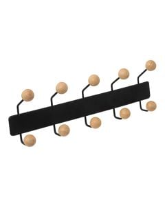 Clothes hanger, on the wall, 10 hooks, metal/wood, black/brown, 44x7.5xH14 cm