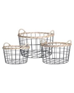 Organizer basket set, 3 pieces, metal/bamboo, black, L-34.5xH18.5cm; M-30xH17cm; W-26xH14.5 cm