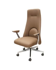 Office chair, Pu upholstery, aluminum arm, chrome steel base, nylon castors, brown
