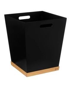 Recycle bin "Bava" in MDF, bamboo material, black color. Dimensions, H : 32.6 cm, W : 27.2 cm, D : 27.2 cm.