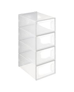 Modular shoe rack "Stak" in transparent plastic material, 4 modules. Dimensions, H : 56 cm, W : 23.2 cm, D : 33.5 cm.