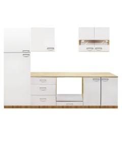 Kitchen, Ana, melamine/ mdf, sonoma/ white gloss, 200x60xH81.2 cm; 200x31.8xH60 cm; 60x58xH194 cm; worktop: 200 cm