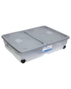 Storage box with wheels, plastic, transparent/ grey, 64 lt, 80x60xH18 cm