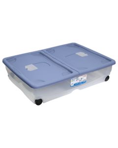 Storage box with wheels, plastic, transparent/ blue, 64 lt, 80x60xH18 cm