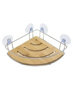 Shampoo holder, corner, with vacuum, metal/bamboo, silver/bamboo, 20x20xH6.5cm