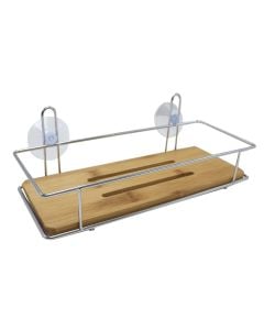 Shampoo holder, rectangular, with vacuum, metal/bamboo, silver/bamboo, 26.5x11.5xH10 cm