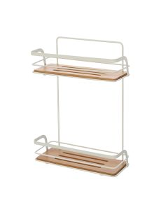 Rectangular shower shelf, 2 levels, wall mounted, steel/bamboo, white, 26x10xH36cm