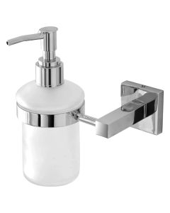 Soap dispenser ''Rock'' in inox silver color. Dimensions, H : 15 cm, D : 6.5 cm.