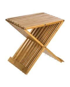 Folding stool in natural wood color bamboo material. Dimensions, H : 45 cm, W : 40 cm, D : 32 cm.