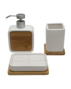 Bathroom accessory set, ceramic, bamboo, white, 19.5x26 cm