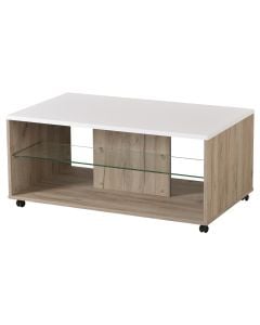 Coffee table, BERT, melamine, MDF and glass, white/oak, 101x60xH41.5 cm