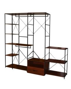 Garment rack, steel tube with powder coating  (black), melamine shelves, walnut, 210x40xH190 cm