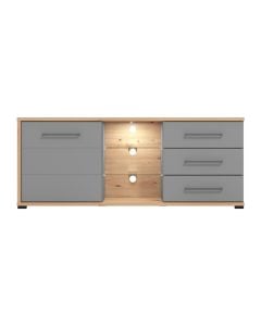 TV shelf, Lisabon, melamine, artisan oak, graphite grey, gray matt foil, 161.5x40xH65 cm