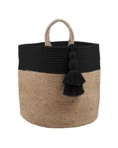 Basket, straw+cotton, black/brown, Ø30xH30 cm
