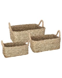 Storage basket, set of 3, rectangular with handles, sea straw, beige, S-28X16H11cm, M-32x22xH12cm, L-36x26xH13cm