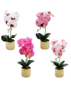 Artificial flower, in pot, plastic, purple/golden, 10x38 cm