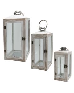 Decorative lantern set, 3 pieces, metal/glass, White, S-12x30 cm, M-16x38 cm, L-20x44 cm