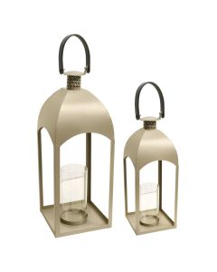 Decorative lantern, set 2 pieces, metal/glass, beige, 12x12xH30 cm; 16x16xH43 cm