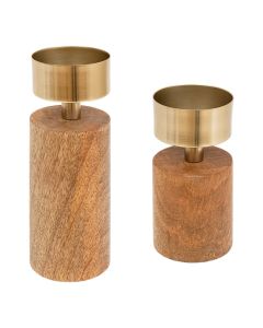 Candle holder, Tropical, set 2 pieces, wooden/metal, brown, Ø8xH16.5 cm; Ø8xH22 cm