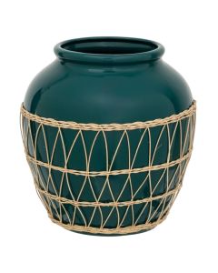 Decorative vase, Yuca, ceramic/rattan, green/natural, Ø33xH33.5 cm