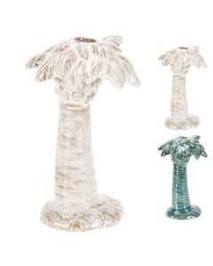 Candle holder, porcelain, white, green, palm tree, H20 x W13 x D12 cm