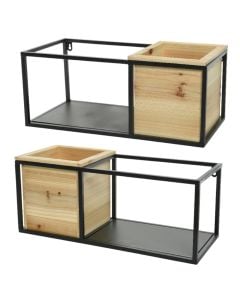 Wall shelf, with pot, metal/wooden, black/brown, 50x20xH20 cm