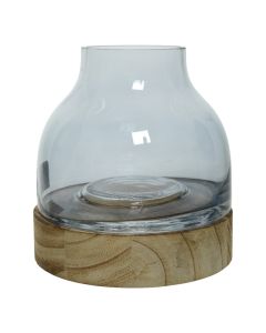 Candle holder, wood, glass, transparent, Dia.16xH16.5 cm