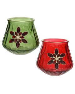 Candle holder, glass, green/red, Dia.11xH10.5 cm