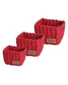 Wicker box set of 3 pieces, paper, red, 17x17xH11 cm; 14x14xH10 cm; 11x11xH9 cm