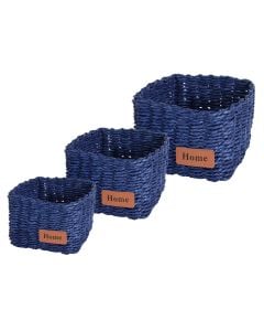 Wicker box set of 3 pieces, paper, blue, 17x17xH11 cm; 14x14xH10 cm; 11x11xH9 cm