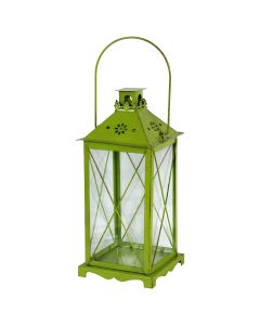 Candle holder, metallic and glass, green, 14x14xH34 cm