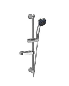 Sliding bar shower with a 8 functions antilime scale rain head and a soap holder