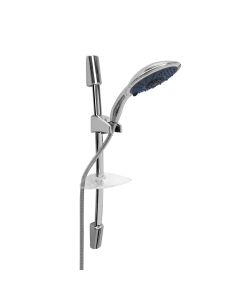 Sliding bar shower with a maxi 3 functions rain head and a soap holder.