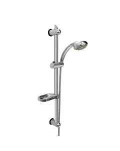 Adjustable sliding bar shower with a 5functions shower head and a soap holder.