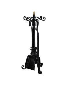 Set with 4 pieces of fireplace accessories: shovel, brush, poker and stand, 27x55cm, antique brass