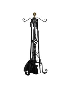 Set with 4 pieces of fireplace accessories: shovel, brush, poker and stand, 24x63cm, antique brass