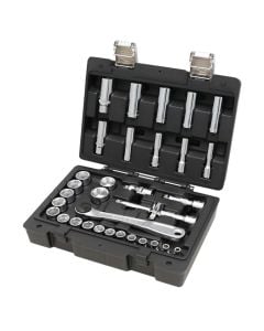 Professional set with sockets and accessories, Beta, 33 pieces, 3/8", Cr-V, socket head 6-7-8-9-10-11-12-13-14-15-16-17-18-19-20-21-22-24, 2 extensions 3/8", long socket 8-9-10-12-13-14-17-19 mm