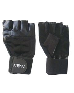 Gym gloves, Amila, leather, size M, black color, with wristbands
