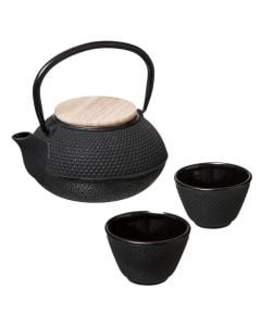 Teapot and Cups set, cast iron/stainless steel steel/bamboo, black, 80 cc / Dia. 8.5 x  H. 17.2 cm