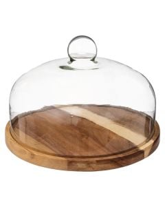 Cake stand with lid, wood/glass, natural/transparent, Dia. 28  x  H. 19 cm
