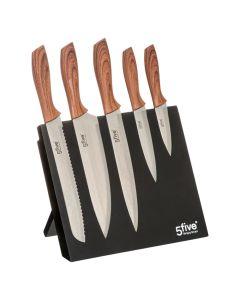 Knife set (PK5) and holder, stainless steel steel/bamboo, silver/natural, 21.7 x 13.5 x  H. 34.5 cm