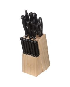 Knife set (PK11) and wooden holder, stainless steel, black, 10.2 x 7.3 x  H. 33.8 cm