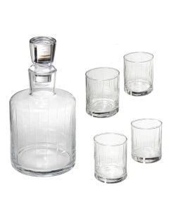 Bottle of whiskey with 4 glasses, glass, transparent, 11 x 11 x  H. 22 cm