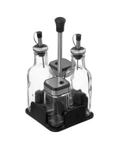 Oil/Vinegar/Salt/Pepper holder, glass, transparent/black, 11.5 x 11.5 x  H. 23 cm