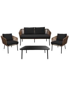 Set Toskana Living, 2 single armchairs + 1 double armchair + 1 table, steel / PE wicker, atrazite structure, brown wicker, atrazite slats, W70xD70xH70 cm/W152xD70xH70 cm/99x59x37 cm